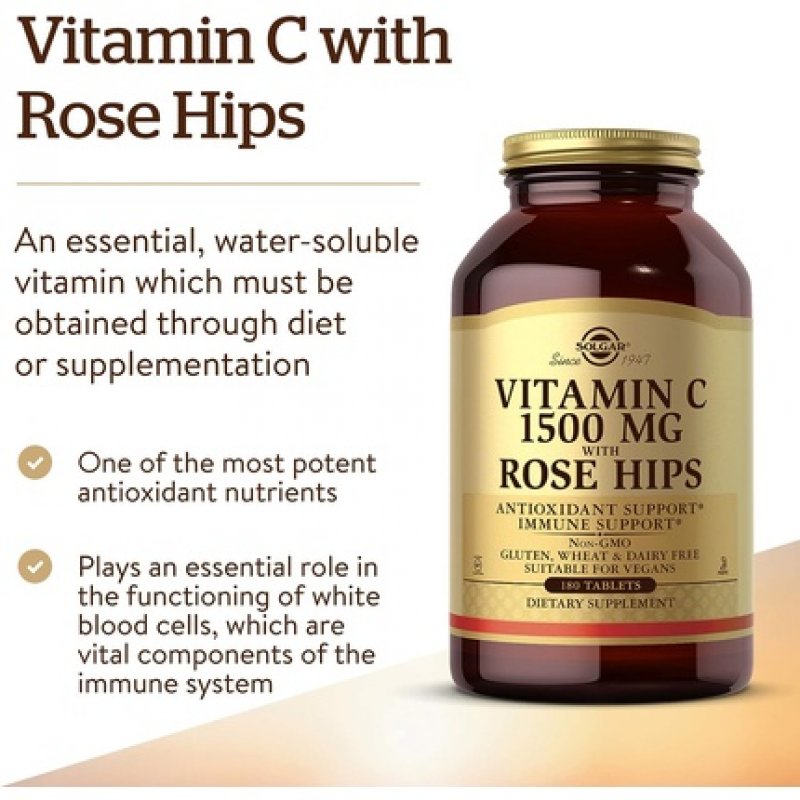 Solgar Vitamin C 1500mg with Rose Hips - Healthy Immune System - Antioxidant - Vegan - 180 Tablets