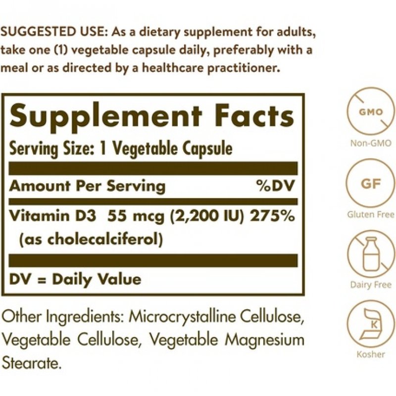 Solgar Vitamin D3 2200 IU Vegetable Capsules 100 Count