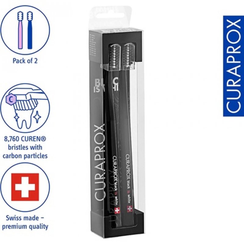 Curaprox Toothbrush CS Black is White Duo Manual Toothbrush for Adults with 8760 CUREN Bristles Black-Black 2pcs
