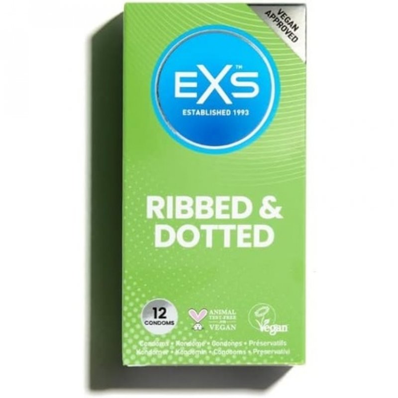 EXS Textured Condoms Natural Latex and Silicone Lubricated Ribbed and Dotted Vegan 12 Pack