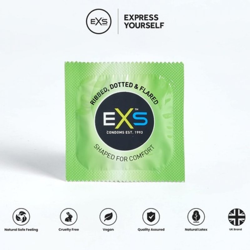 EXS Textured Condoms Natural Latex and Silicone Lubricated Ribbed and Dotted Vegan 12 Pack