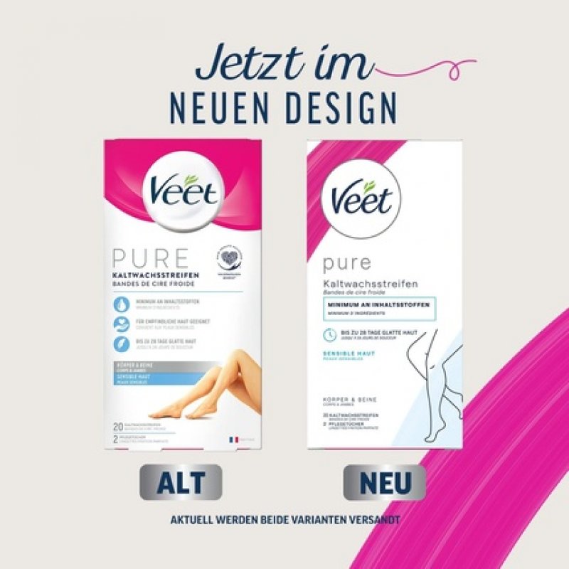 Veet PURE Cold Wax Strips Suitable for Sensitive Skin Legs & Body 20 Strips