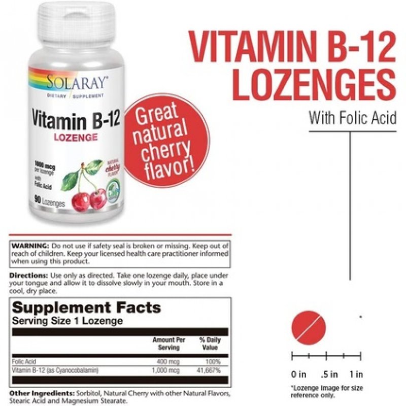 Solaray Vitamin B-12 1000mcg Lozenges with Folic Acid Natural Cherry Flavor 90 Count