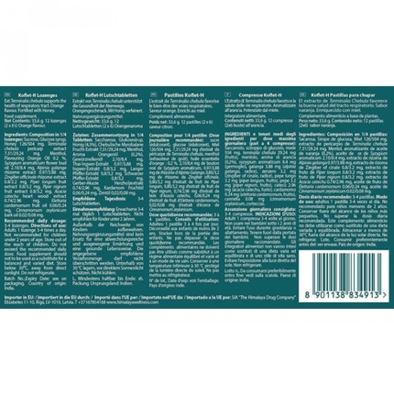 Himalaya Herbals Koflet-H Lozenges Orange Flavor with Honey, Ginger and Essential Oils 12 Lozenges