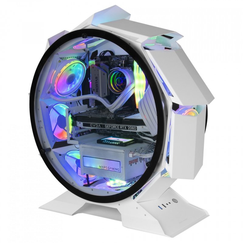 Mars Gaming MCORB White Micro-ATX XL Gaming PC Case Custom Circular Design Double Tempered Glass