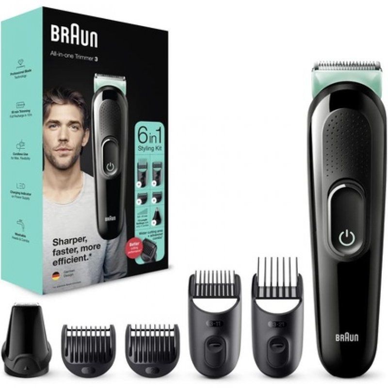 Braun Multi-Grooming-Kit 3 6-in-1 Beard Trimmer and Hair Clipper for Men 5 Attachments MGK3321 Black/Green