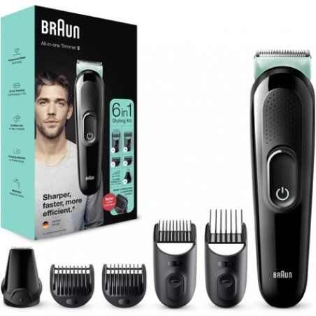 Braun Multi-Grooming-Kit 3 6-in-1 Beard Trimmer and Hair Clipper for Men 5 Attachments MGK3321 Black/Green