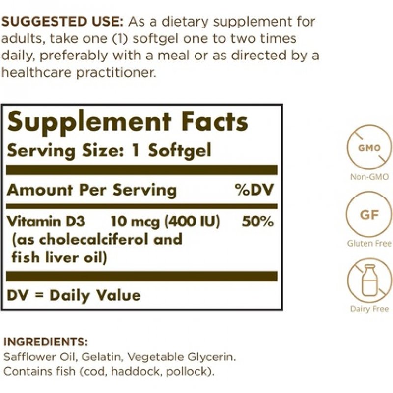 Solgar Vitamin D3 400 IU Softgels Cholecalciferol Keeps Bones and Teeth Healthy Supports Muscle Function and Immunity