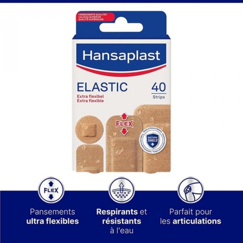 Hansaplast Elastic Bandages 40 Pre-Cut Sterile Breathable and Ultra-Flexible Bandages of Various Sizes for All Wounds