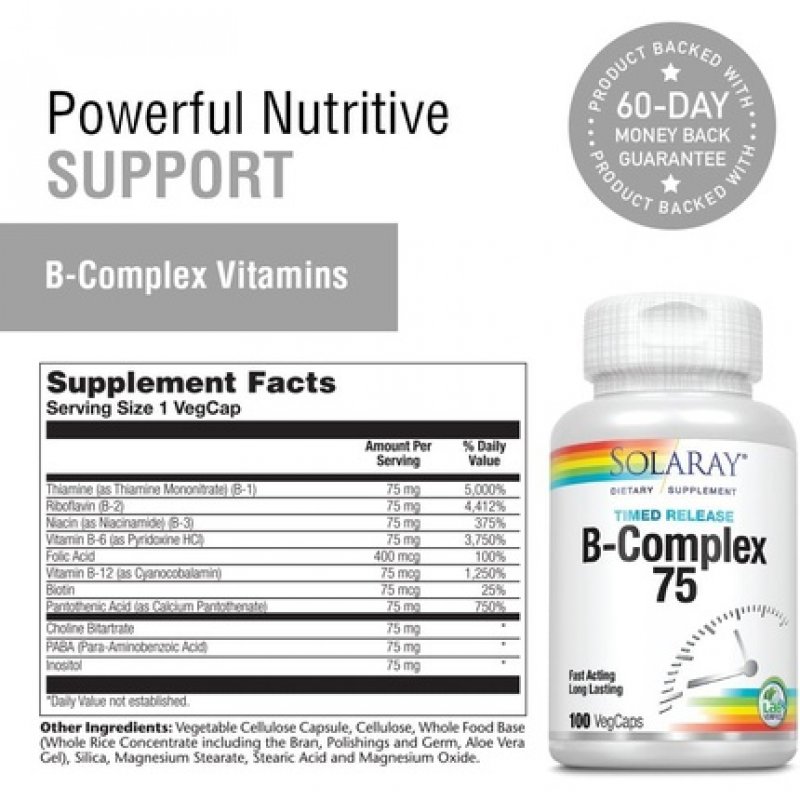 Solaray Vitamin B-Complex 75mg Timed-Release for Hair, Skin, Nails, Nerves, Immune Function