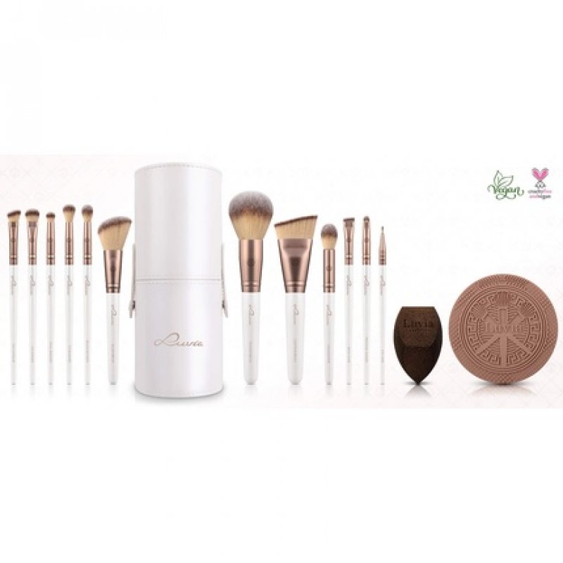Luvia Prime Vegan Pro Makeup Brush Set 12 Brushes with Storage, Blender Sponge, and Cleaning Mat - Pearl & Coffee