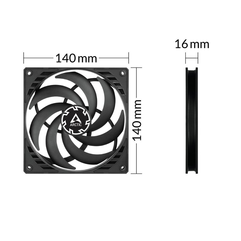 Arctic P14 14cm Pressure Optimised Slim PWM PST Fan w/ integrated Y-cable, Black, Fluid Dynamic, 150-1800 RPM