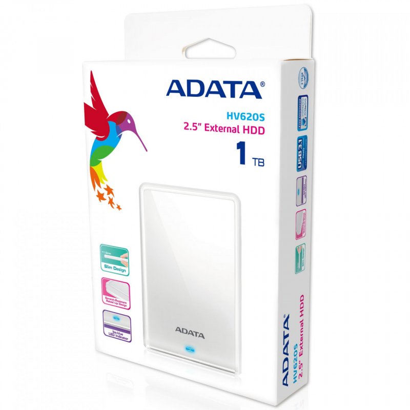 ADATA 1TB HV620S Slim External Hard Drive, 2.5", USB 3.2, 11.5mm Thick, White