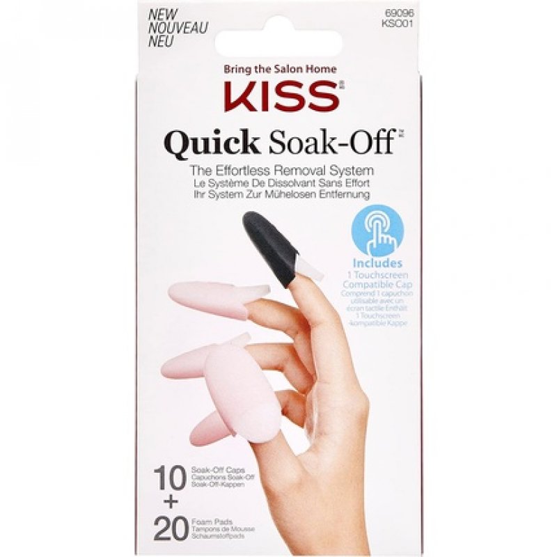 KISS Quick Soak-Off Removal System for Fake Nails and Nail Polish with 10 Reusable Caps and 20 Disposable Foam Pads and