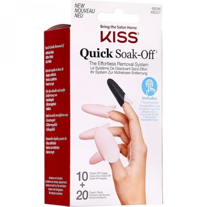 KISS Quick Soak-Off Removal System for Fake Nails and Nail Polish with 10 Reusable Caps and 20 Disposable Foam Pads and