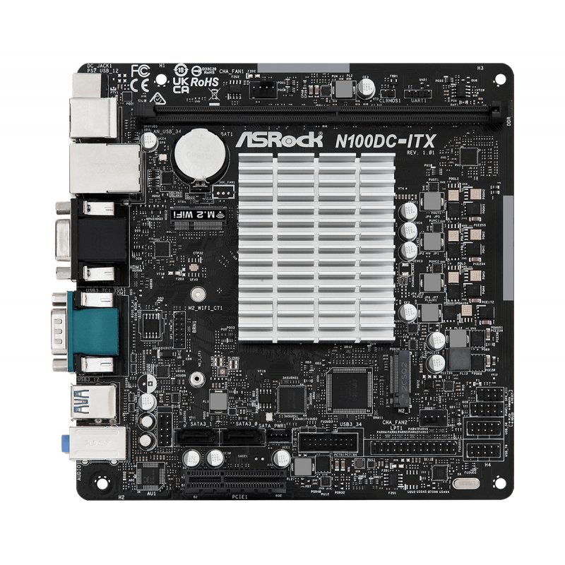 Asrock N100DC-ITX, Integrated Intel Quad-Core N100, Mini ITX, 1 DDR4, VGA, HDMI, DC Jack, Fanless Design, 1x M.2