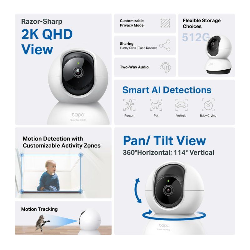 TP-LINK (TAPO C220) Pan/Tilt AI Home Security Wi-Fi Camera, 2K 4MP QHD, 360°, Night Vision, Smart AI Detection,