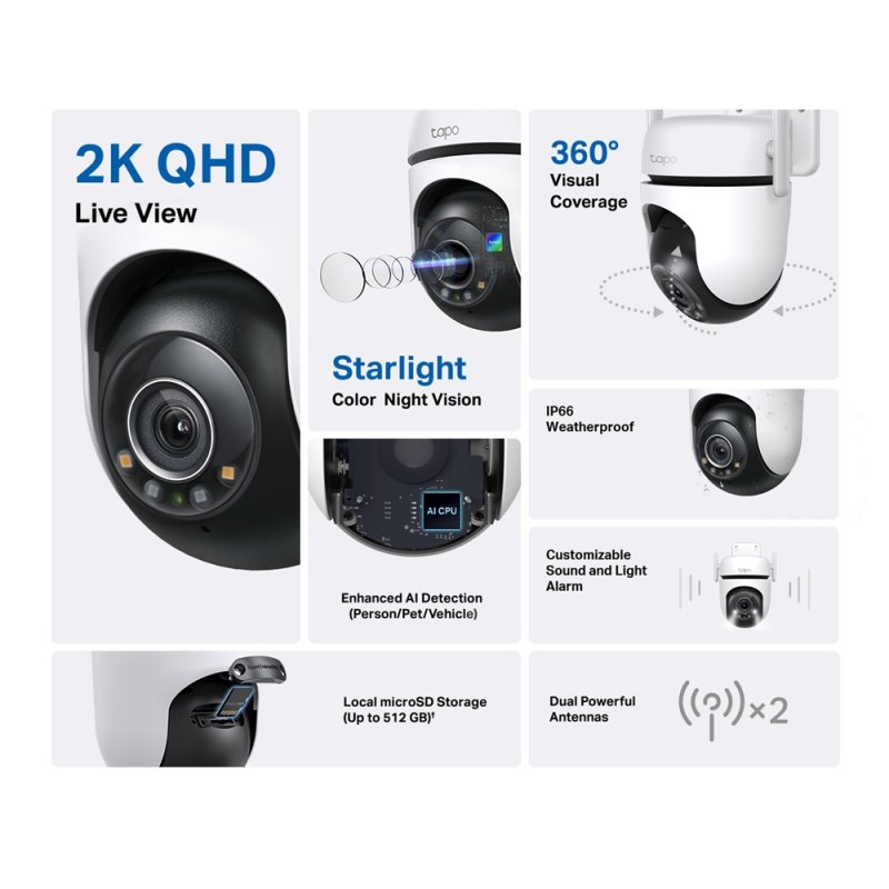 TP-LINK (TAPO C520WS) Outdoor Pan/Tilt 2K QHD Security Wi-Fi Camera, 360°, Colour Night Vision, Smart AI Detection,