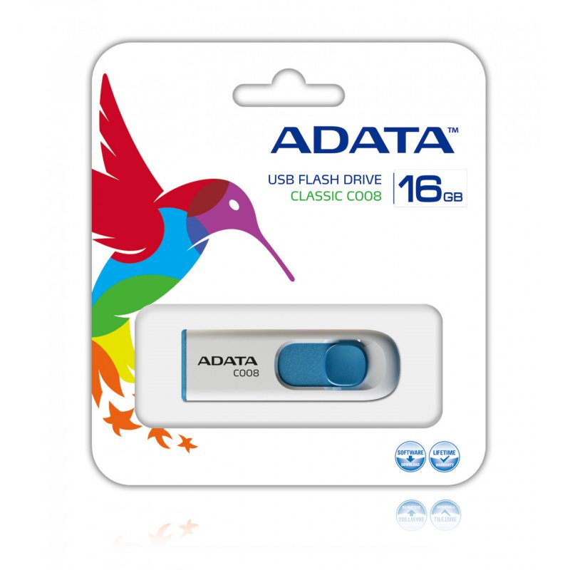 ADATA 16GB USB 2.0 Memory Pen, C008, Retractable, Capless, White