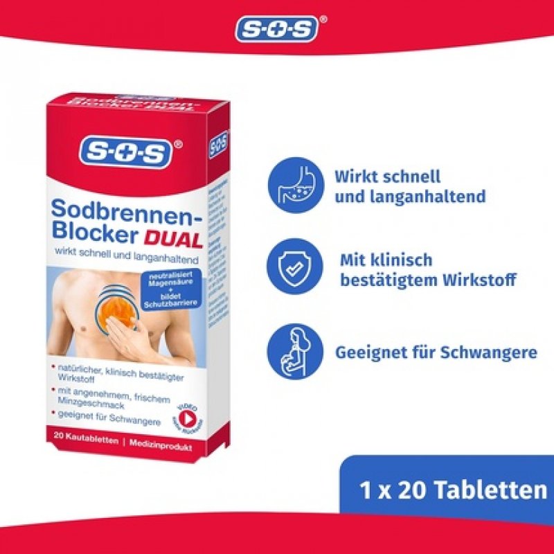 SOS Heartburn Blocker Dual: Fast and Long-Lasting Heartburn Tablets 20 Chewable Tablets
