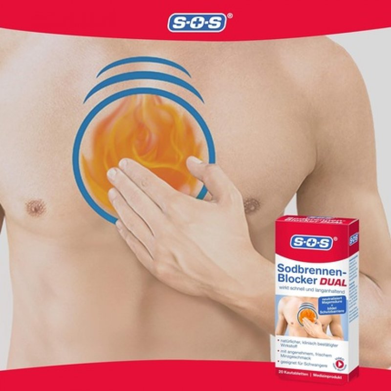 SOS Heartburn Blocker Dual: Fast and Long-Lasting Heartburn Tablets 20 Chewable Tablets