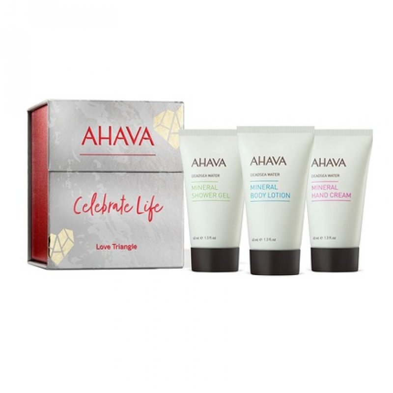 AHAVA Love Triangle Body Trio with Mineral Hand Cream, Body Lotion, and Shower Gel 40ml