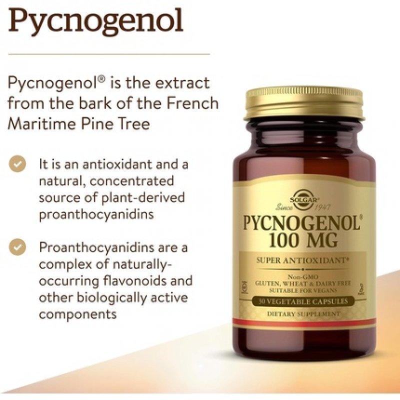 Solgar Pycnogenol 100mg Derived from Pine Bark Works Combined with Vitamins C & E Vegan 30 Vegetable Capsules