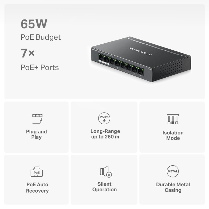 Mercusys (MS108GP) 8-Port Gigabit Desktop Switch with 7-Port PoE , Steel Case