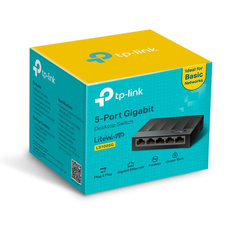 TP-LINK (LS1005G) 5-Port Gigabit Unmanaged Desktop LiteWave Switch, Green Technology, Plastic Case