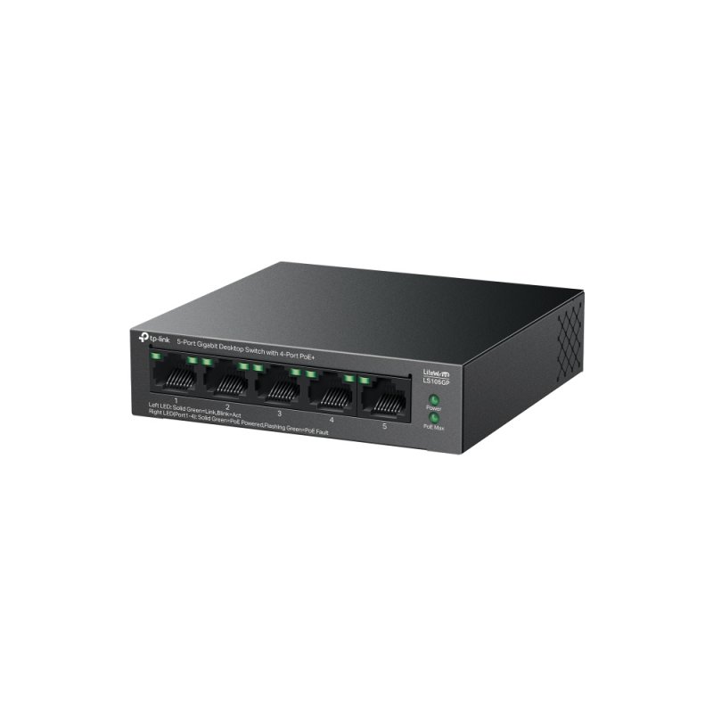 TP-LINK (LS105GP) 5-Port Gigabit Desktop LiteWave Switch with 4-Port PoE 