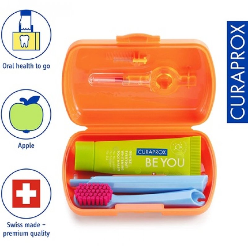 Curaprox Travel Set Orange - Collapsible Travel Toothbrush CS 5460 with 'Be You' Travel Toothpaste and 2 Interdental
