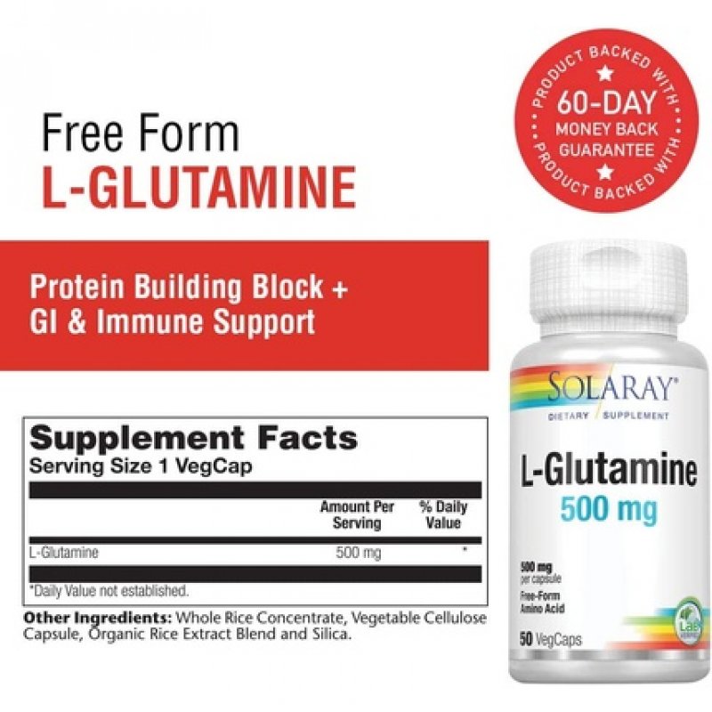 Solaray L-Glutamine 500mg Healthy Muscle Recovery Gastrointestinal & Immune System Support 50 VegCaps