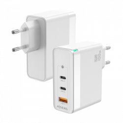AISENS Gan 100W Charger, 2xUSB-C PD3.0 QC4.0 QC5.0, 1xUSB-A QC3.0, White