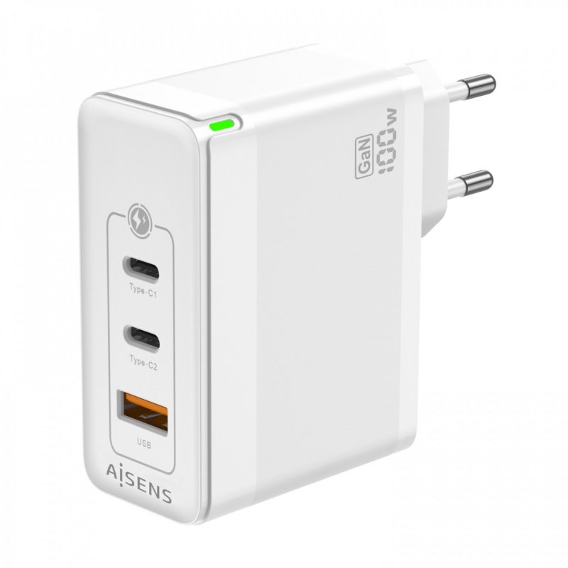 AISENS Gan 100W Charger, 2xUSB-C PD3.0 QC4.0 QC5.0, 1xUSB-A QC3.0, White