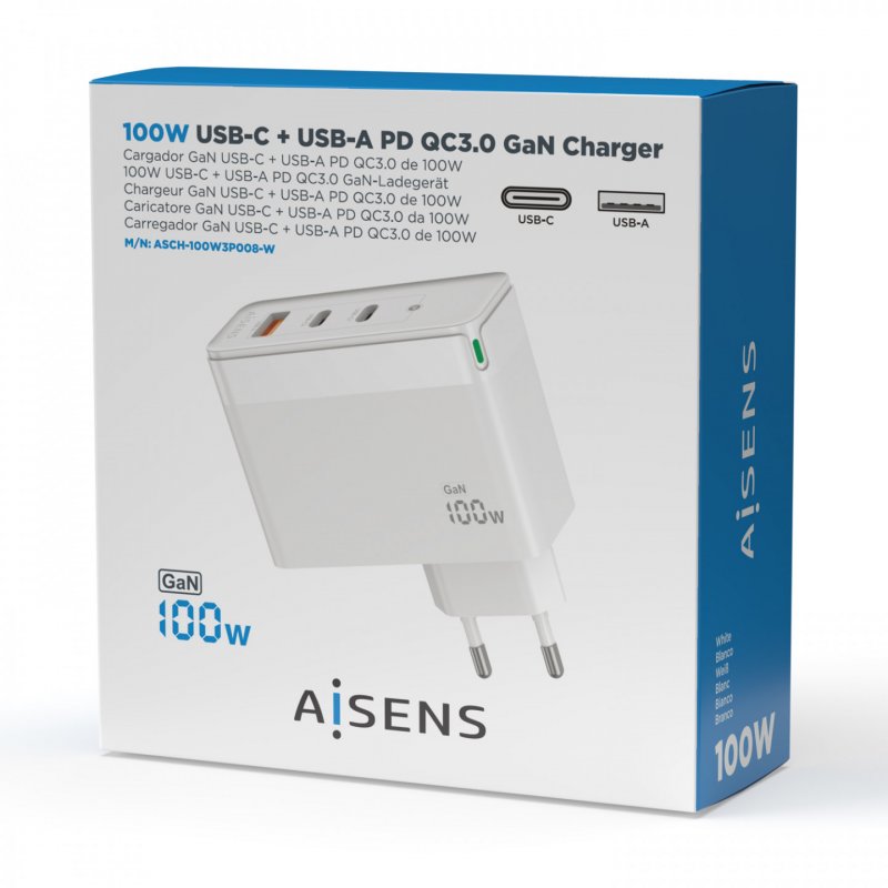 AISENS Gan 100W Charger, 2xUSB-C PD3.0 QC4.0 QC5.0, 1xUSB-A QC3.0, White