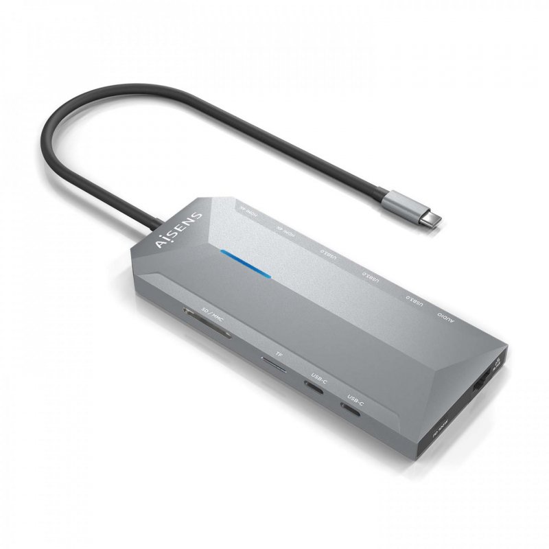 AISENS USB-C Dock 12 in 1, USB-C A 2xHDMI, 1xRJ45, 3xUSB-A, 2xUSB-C, 1xUSB-C PD, 1xAudio, 1xSD, 1xMicro SD, Grey, 30cm