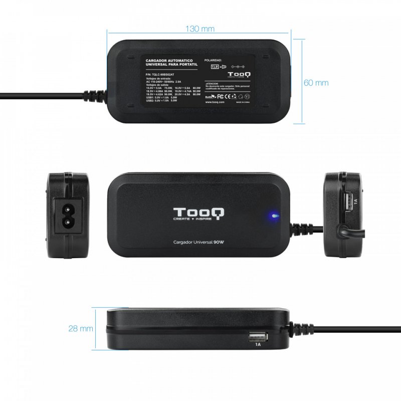 CARGADOR AUTOMATICO UNIVERSAL TOOQ TQLC-90BS02AT 90W 2XUSB 12 CONECTORES