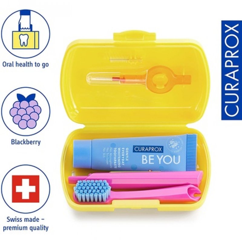 Curaprox Travel Set Yellow - Collapsible Travel Toothbrush CS 5460 with 'Be You' Travel Toothpaste and 2 Interdental