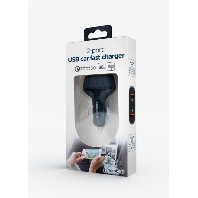 CARGADOR RÁPIDO DE COCHE USB GEMBIRD DE 2 PUERTOS, QC3.0, 36 W, NEGRO