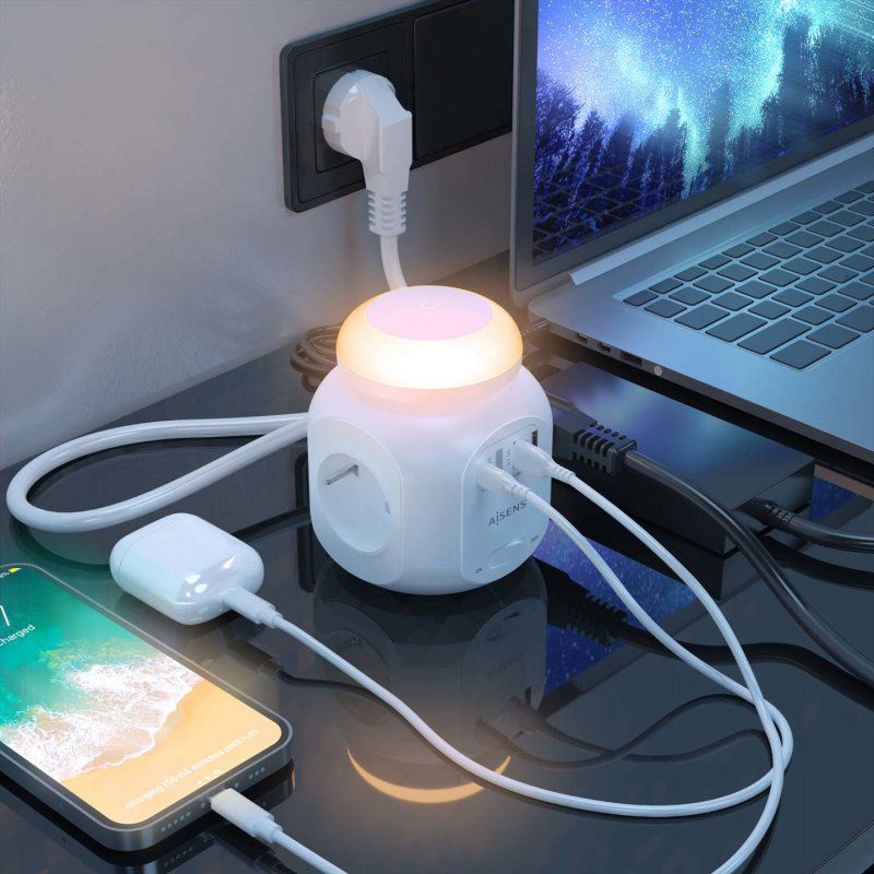 AISENS Multifunction Desktop Power Strip with 4 Outlets 1xUSB-C 20W PD3.0, 2xUSB-A 18W QC3.0, Night Light, 1.8M, White