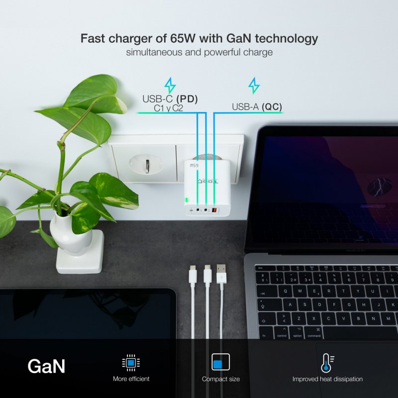 TooQ TQWC-GANQC2PD65WT chargeur d'appareils mobiles Universel Blanc Secteur Charge rapide Intérieure