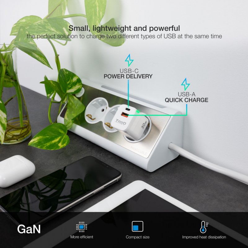 TooQ GaN Wall Charger USB-C/PD USB-A/QC 30W, White