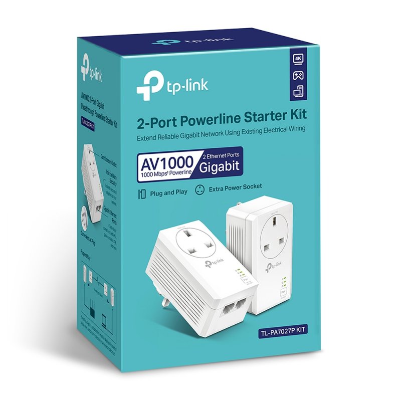 TP-LINK (TL-PA7027P KIT) AV1000 GB Powerline Adapter Kit, 2-Port, AC Pass Through