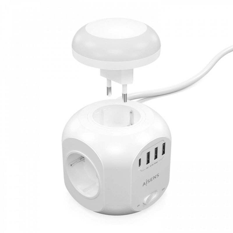 AISENS Multifunction Desktop Power Strip with 4 Outlets 1XUSB-C, 3XUSB-A, Night Light, 1.8M, White