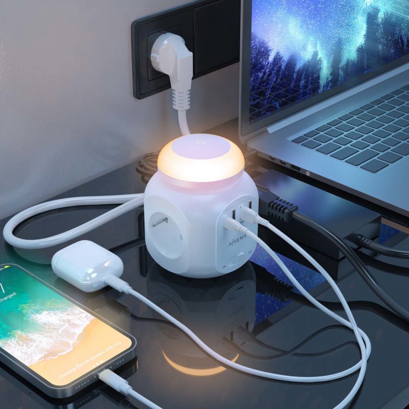 REGLETA ENCHUFES AISENS 4 TOMAS 1XUSB-C 3XUSB-A LUZ NOCTURNA 1.8M BLANCO
