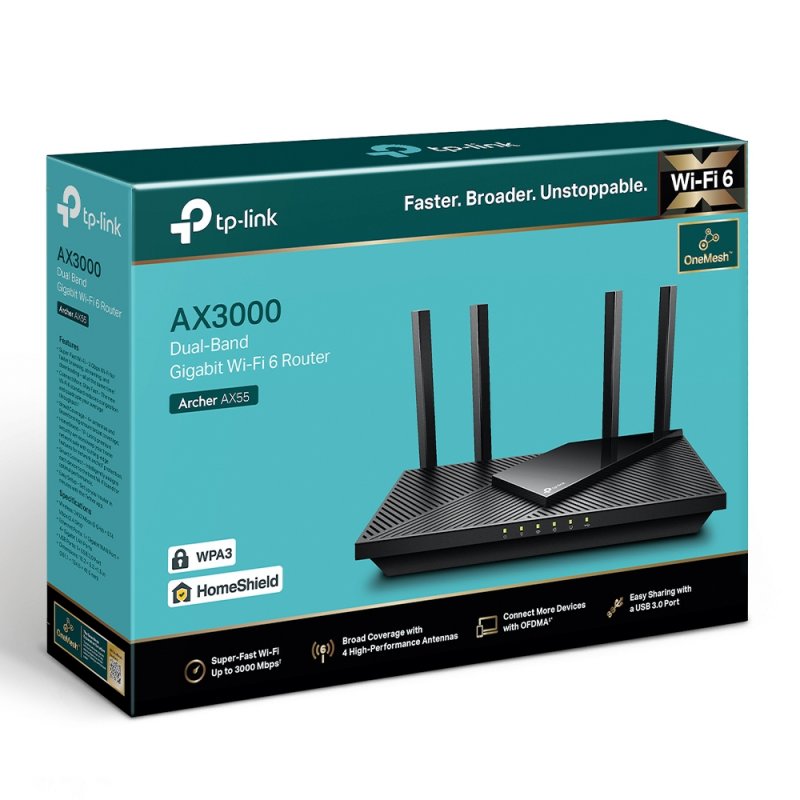 TP-LINK (Archer AX55) AX3000 (574 2402) Wireless Dual Band Wi-Fi 6 Router, OFDMA, MU-MIMO, USB 3.0, OneMesh Support