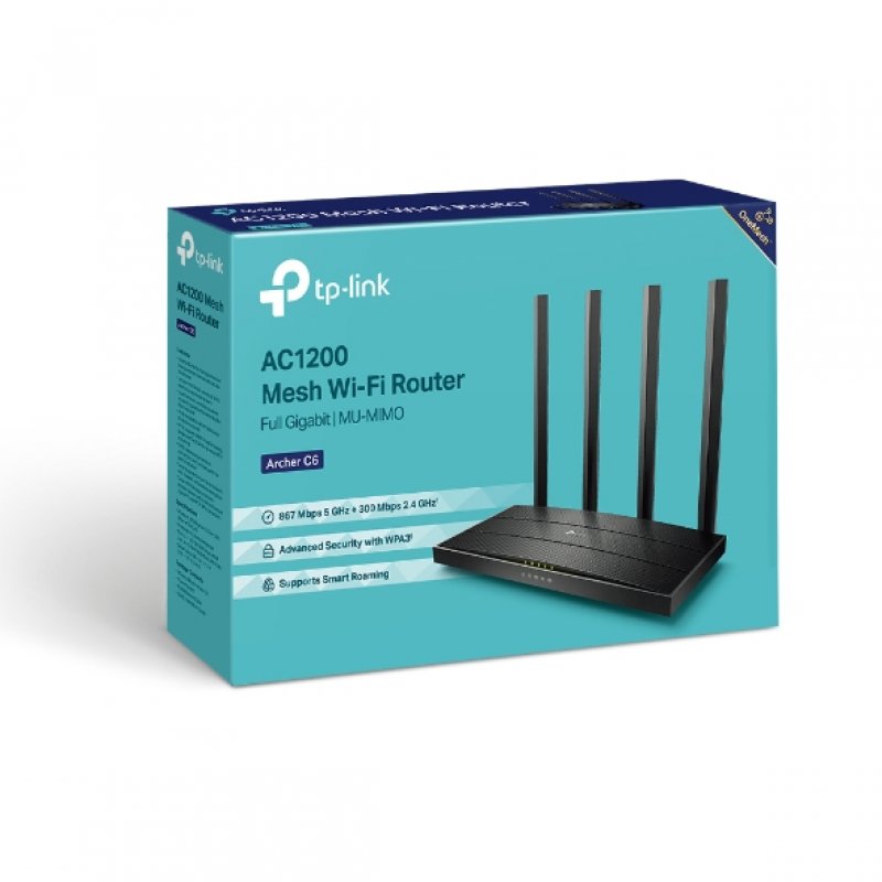 TP-LINK (Archer C6), AC1200 (867 300) Wireless Dual Band GB Cable Router, 4-Port, MU-MIMO, Access Point Mode