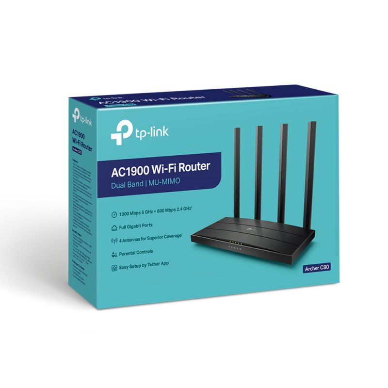 TP-LINK (Archer C80) AC1900 (600 1300) Wireless Dual Band GB Cable Router, 4-Port, 3x3 MIMO, MU-MIMO