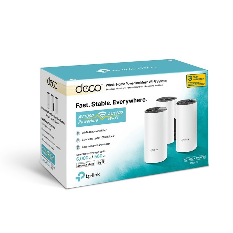 TP-LINK (DECO P9) Whole-Home Hybrid Mesh Wi-Fi System with Powerline, 3 Pack, Dual Band AC1200 HomePlug AV1000