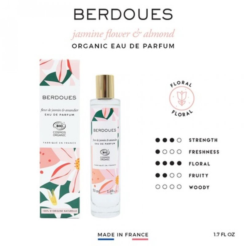 BERDOUES Fleur de Jasmin & Amandier Organic Eau de Toilette 1.7 fl.oz. - Delicately Floral Scent with Sweet Almond,
